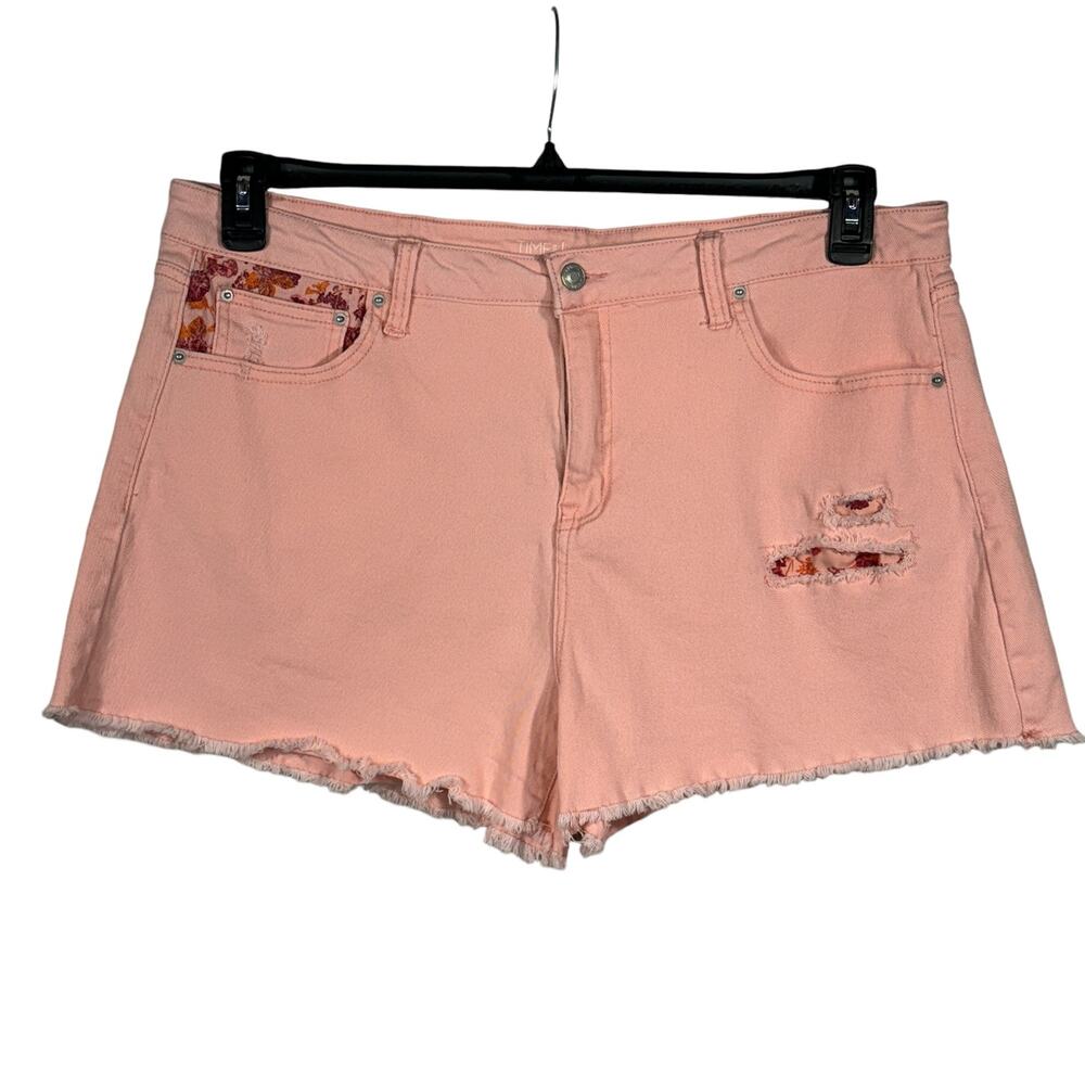 Time & Tru SZ 18 Hi-Rise Jean Shorts Distressed Frayed Hems Floral Patches Pink
